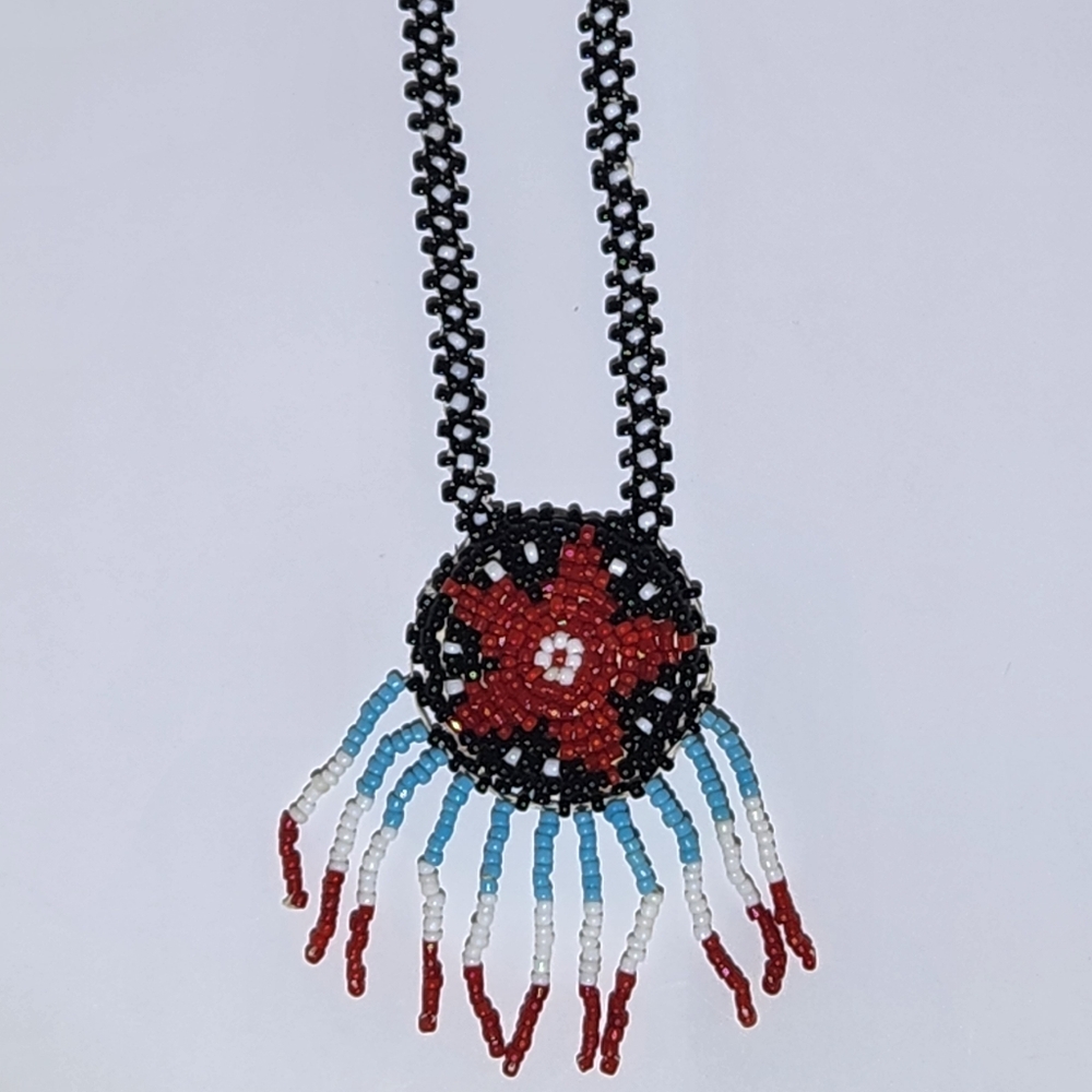 Elegant Red, White, Blue and Black Beaded Vintage Native American Beaded Necklac - Picture 3 of 6
